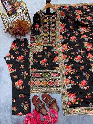 Black Elegant Heavy Chinon Silk Digital Print Suit Set ClothsVilla