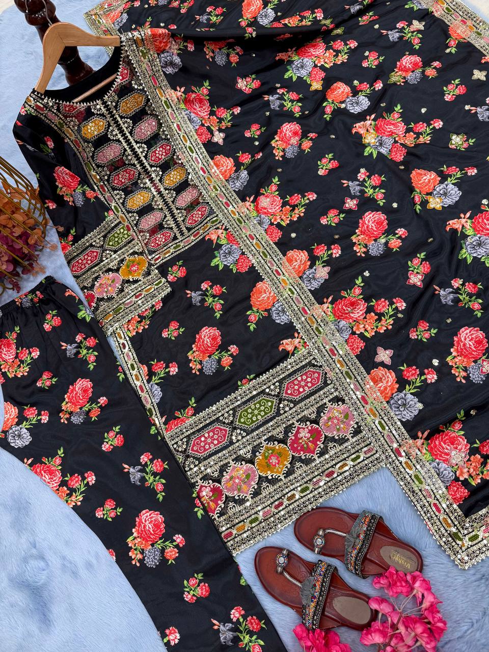 Black Elegant Heavy Chinon Silk Digital Print Suit Set ClothsVilla