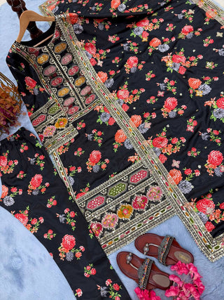 Black Elegant Heavy Chinon Silk Digital Print Suit Set ClothsVilla