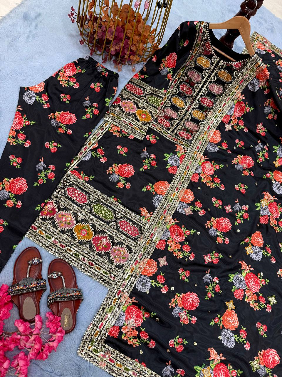 Black Elegant Heavy Chinon Silk Digital Print Suit Set ClothsVilla