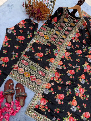 Black Elegant Heavy Chinon Silk Digital Print Suit Set ClothsVilla