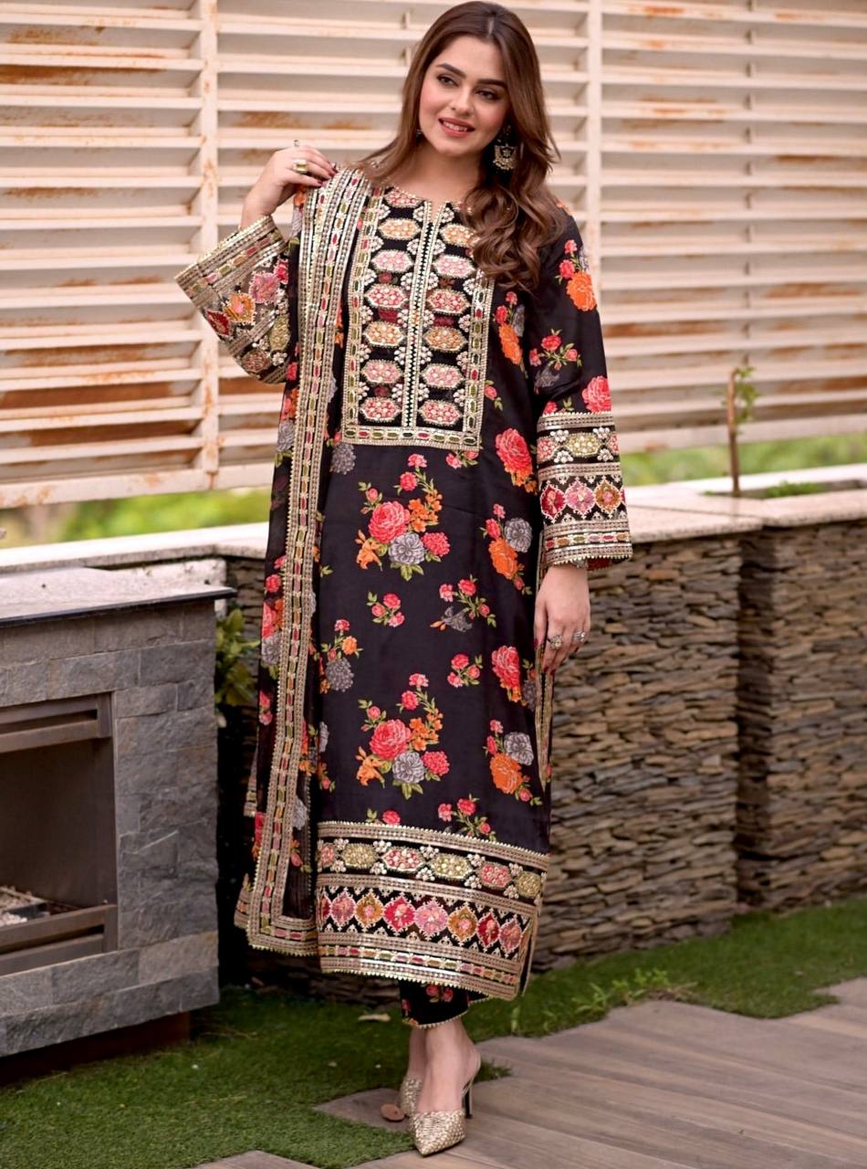 Black Elegant Heavy Chinon Silk Digital Print Suit Set ClothsVilla