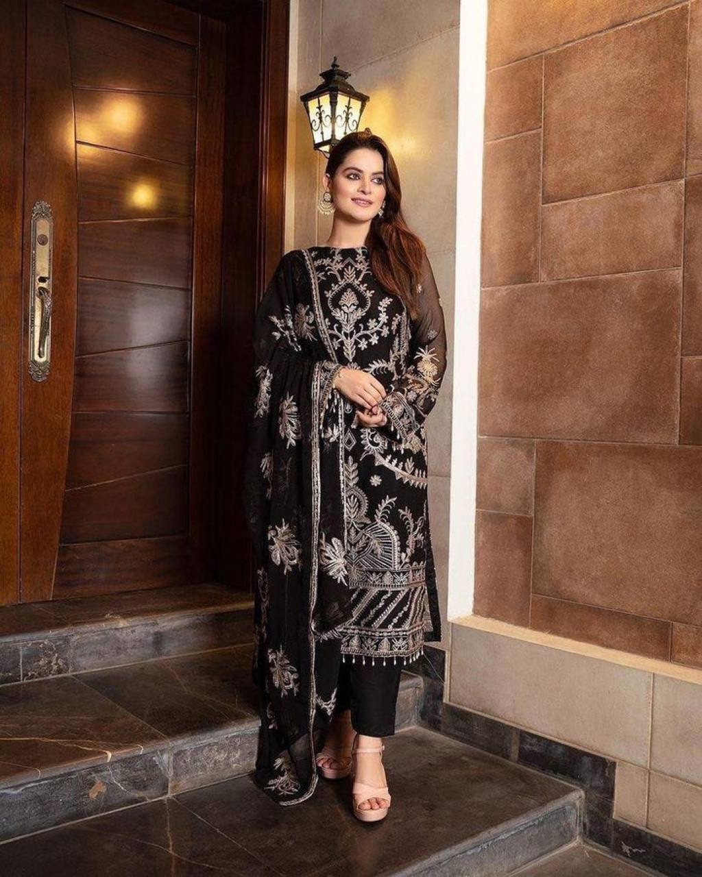 Black Elegant Heavy Faux Georgette Embroidered Suit Set ClothsVilla Main image