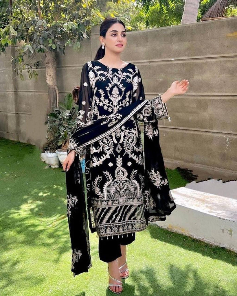 Black Elegant Heavy Faux Georgette Embroidered Suit Set ClothsVilla