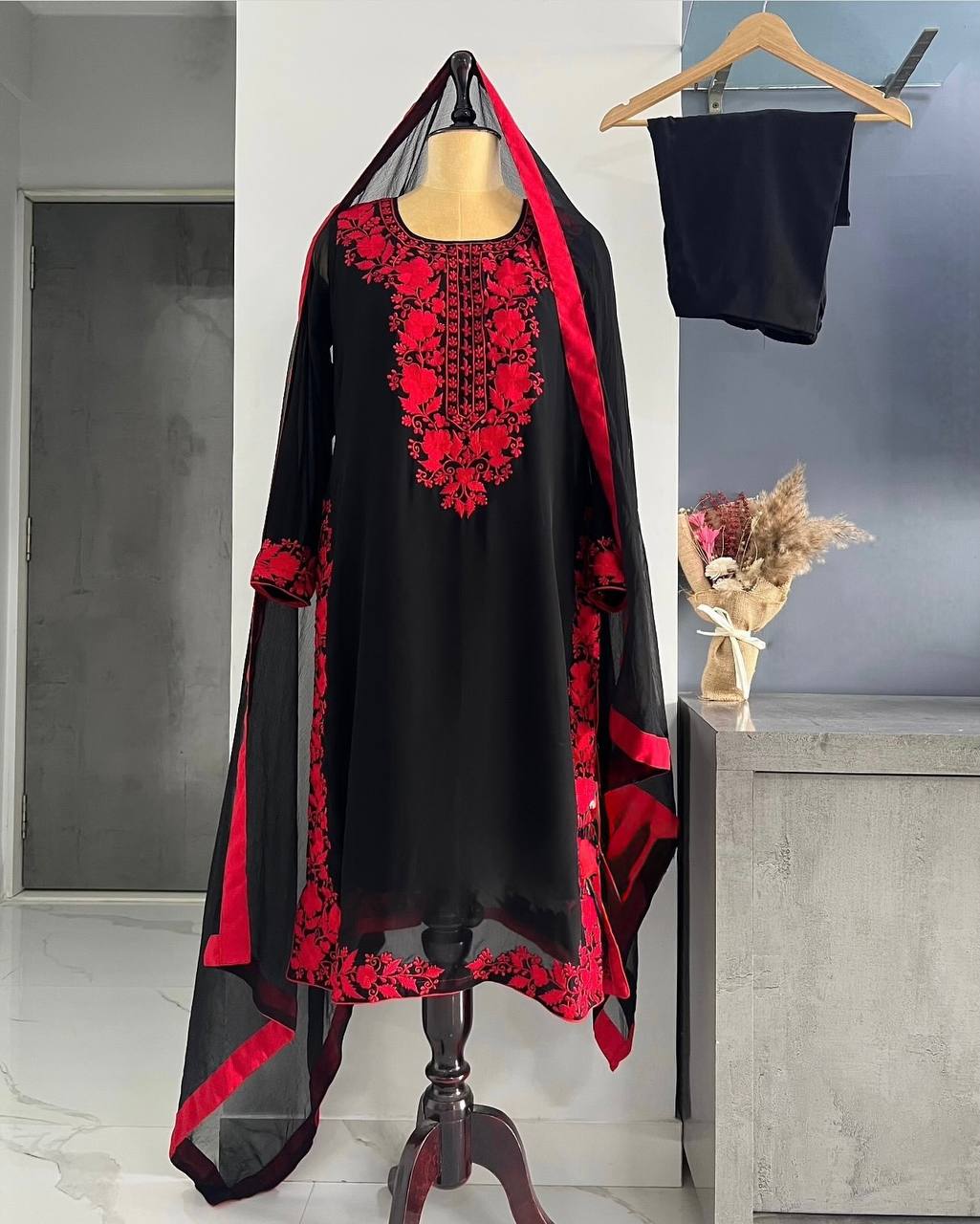 Black Elegant Heavy Faux Georgette Embroidered Top with Plazzo & Dupatta – Fully Stitched, Comfortable Fit ClothsVilla Main image