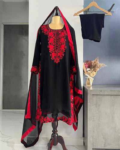 Black Elegant Heavy Faux Georgette Embroidered Top with Plazzo & Dupatta – Fully Stitched, Comfortable Fit ClothsVilla