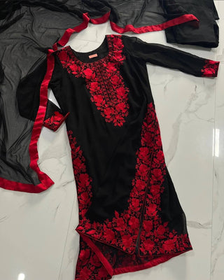 Black Elegant Heavy Faux Georgette Embroidered Top with Plazzo & Dupatta – Fully Stitched, Comfortable Fit ClothsVilla