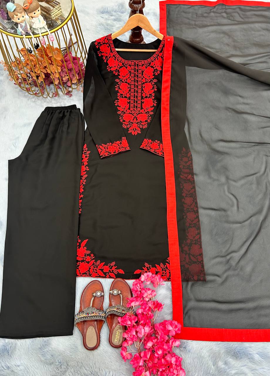 Black Elegant Heavy Faux Georgette Embroidered Top with Plazzo & Dupatta – Fully Stitched, Comfortable Fit ClothsVilla