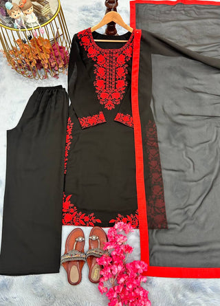 Black Elegant Heavy Faux Georgette Embroidered Top with Plazzo & Dupatta – Fully Stitched, Comfortable Fit ClothsVilla