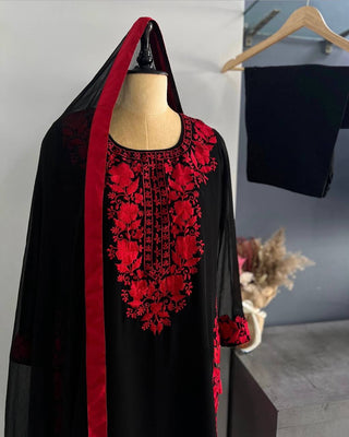 Black Elegant Heavy Faux Georgette Embroidered Top with Plazzo & Dupatta – Fully Stitched, Comfortable Fit ClothsVilla
