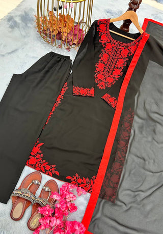 Black Elegant Heavy Faux Georgette Embroidered Top with Plazzo & Dupatta – Fully Stitched, Comfortable Fit ClothsVilla