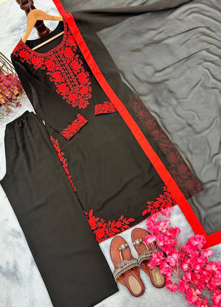 Black Elegant Heavy Faux Georgette Embroidered Top with Plazzo & Dupatta – Fully Stitched, Comfortable Fit ClothsVilla