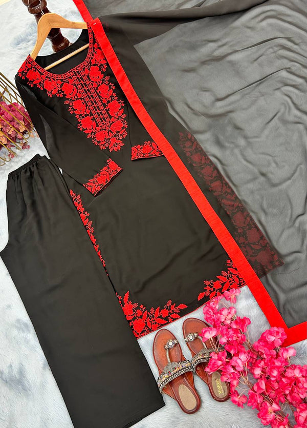 Black Elegant Heavy Faux Georgette Embroidered Top with Plazzo & Dupatta – Fully Stitched, Comfortable Fit ClothsVilla