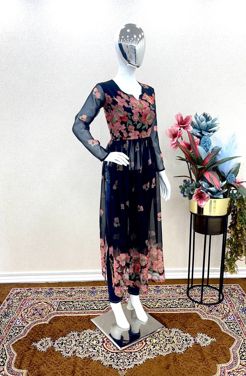 Black Elegant Heavy Faux Georgette Nyra Style Printed Kurta Secondary image