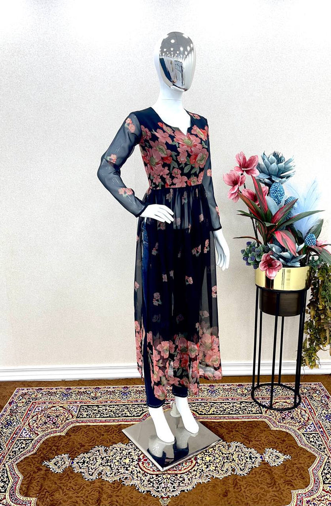 Black Elegant Heavy Faux Georgette Nyra Style Printed Kurta Clothsvilla