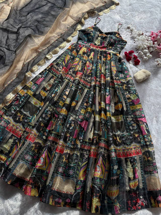 Black Elegant Jimmy Organza Silk Digital Printed Anarkali Gown with Designer Dupatta – 8 Meter Flair ClothsVilla