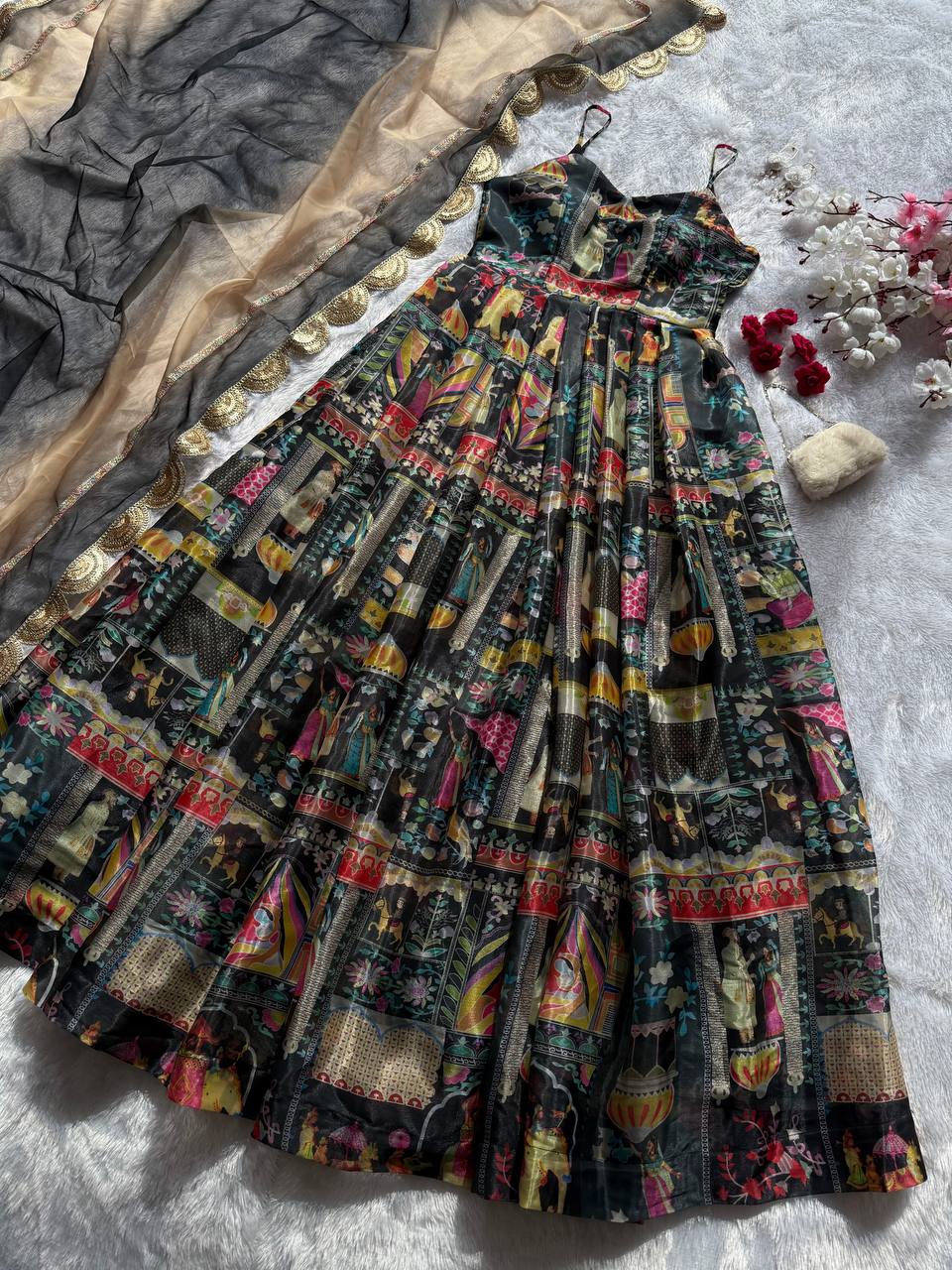 Black Elegant Jimmy Organza Silk Digital Printed Anarkali Gown with Designer Dupatta – 8 Meter Flair ClothsVilla