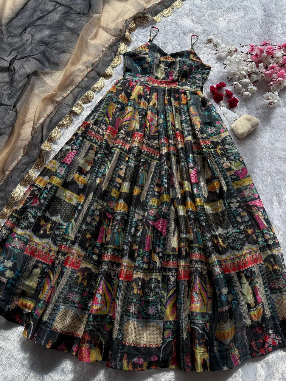 Black Elegant Jimmy Organza Silk Digital Printed Anarkali Gown with Designer Dupatta – 8 Meter Flair ClothsVilla