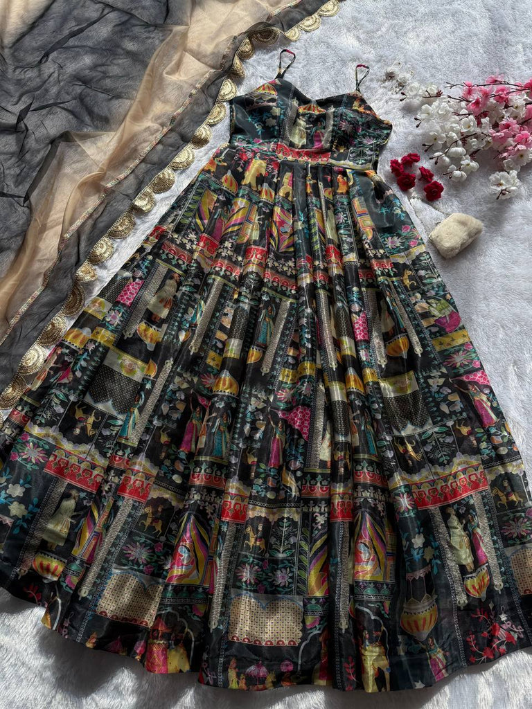 Black Elegant Jimmy Organza Silk Digital Printed Anarkali Gown with Designer Dupatta – 8 Meter Flair ClothsVilla