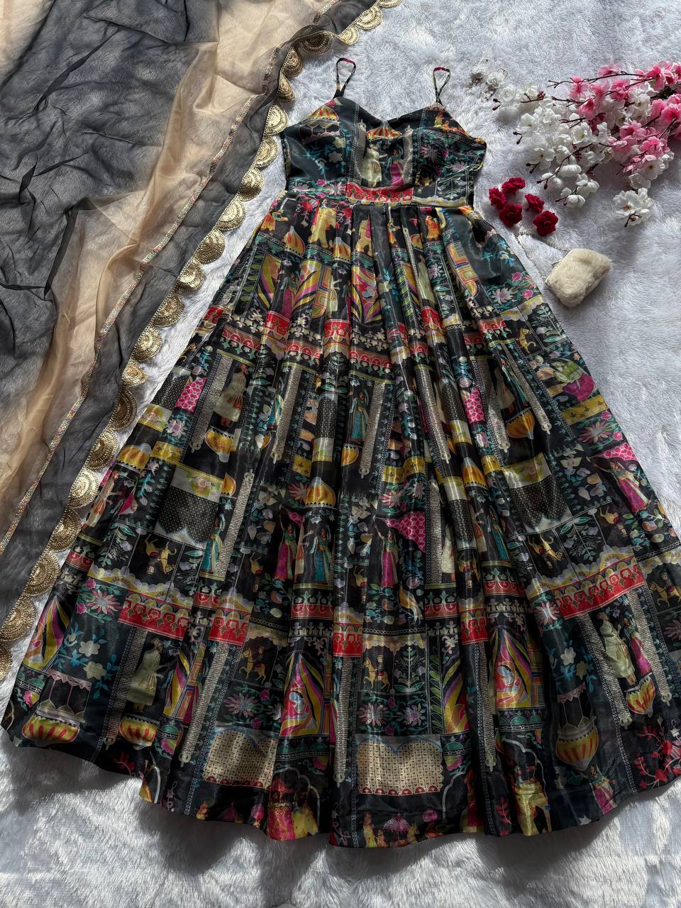 Black Elegant Jimmy Organza Silk Digital Printed Anarkali Gown with Designer Dupatta – 8 Meter Flair ClothsVilla