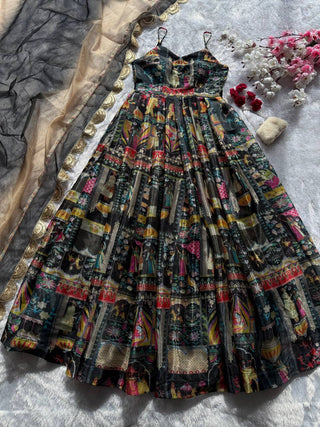 Black Elegant Jimmy Organza Silk Digital Printed Anarkali Gown with Designer Dupatta – 8 Meter Flair ClothsVilla