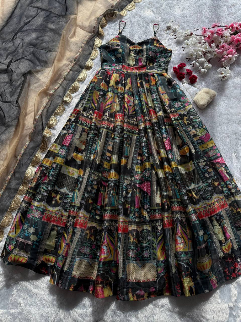 Black Elegant Jimmy Organza Silk Digital Printed Anarkali Gown with Designer Dupatta – 8 Meter Flair ClothsVilla