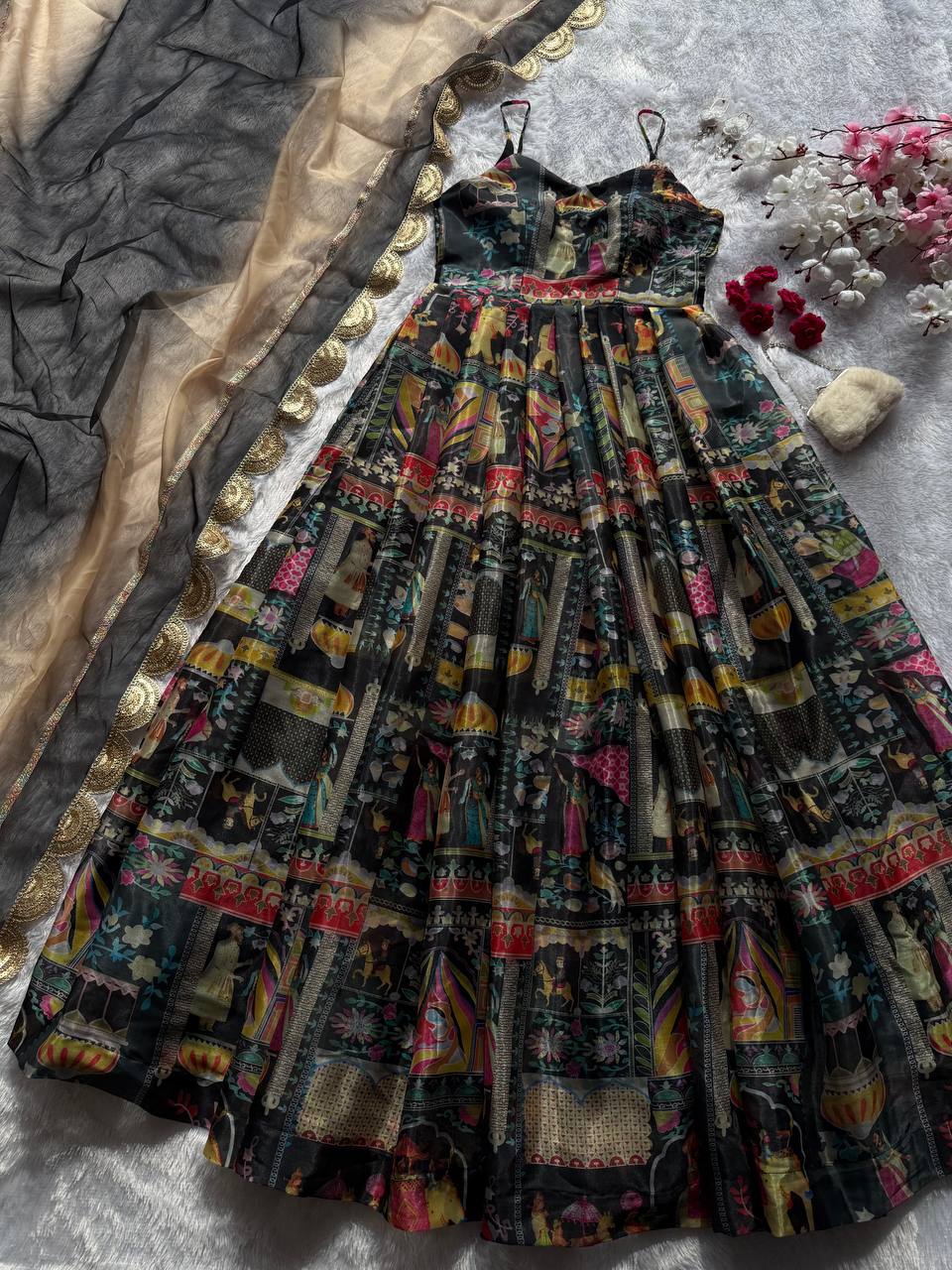 Black Elegant Jimmy Organza Silk Digital Printed Anarkali Gown with Designer Dupatta – 8 Meter Flair ClothsVilla