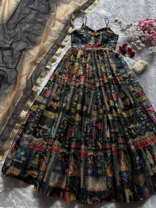 Black Elegant Jimmy Organza Silk Digital Printed Anarkali Gown with Designer Dupatta – 8 Meter Flair ClothsVilla