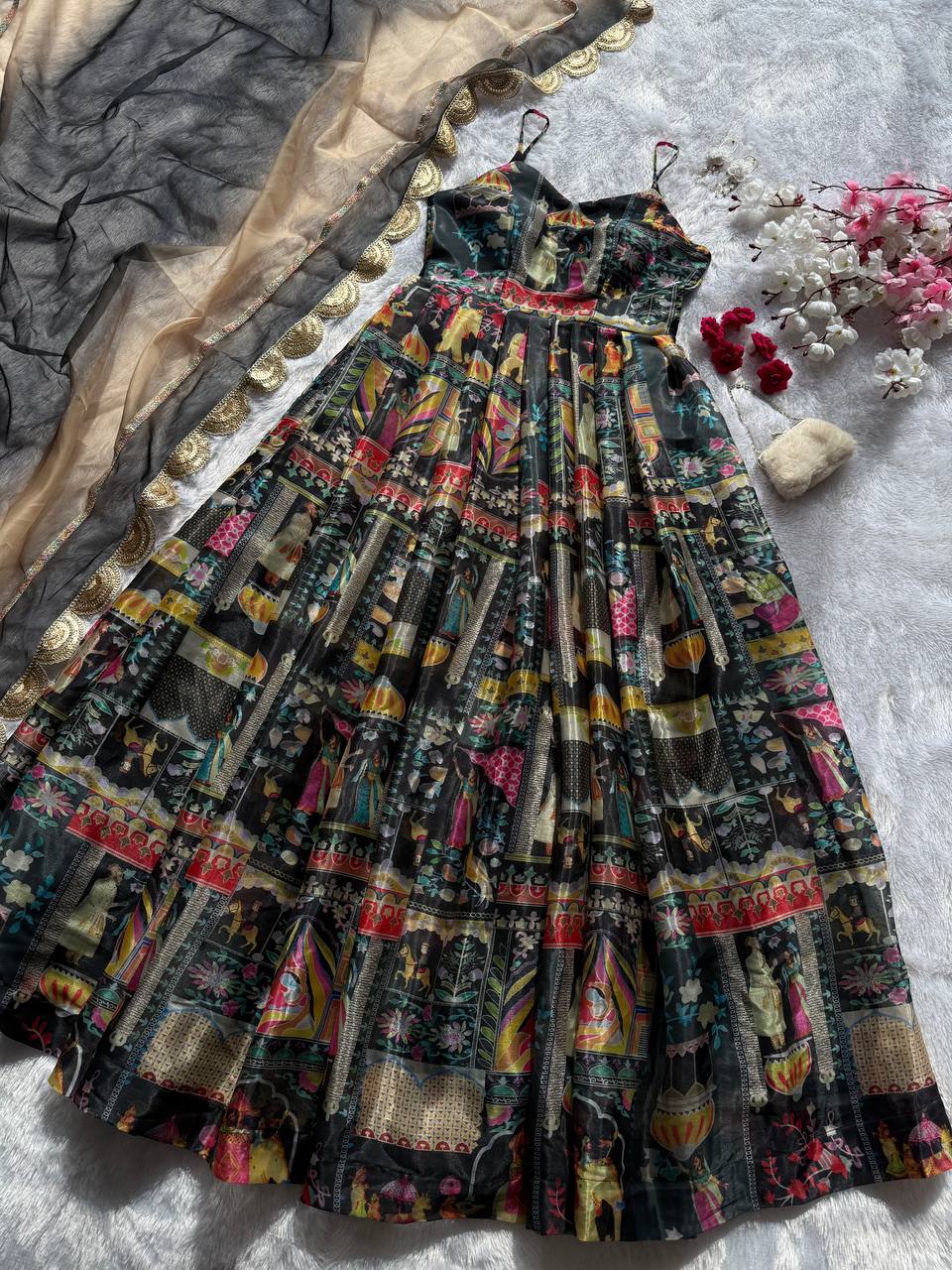 Black Elegant Jimmy Organza Silk Digital Printed Anarkali Gown with Designer Dupatta – 8 Meter Flair ClothsVilla