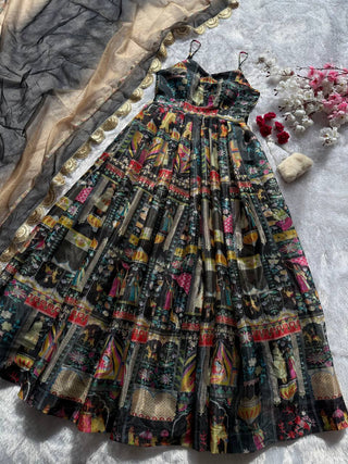 Black Elegant Jimmy Organza Silk Digital Printed Anarkali Gown with Designer Dupatta – 8 Meter Flair ClothsVilla