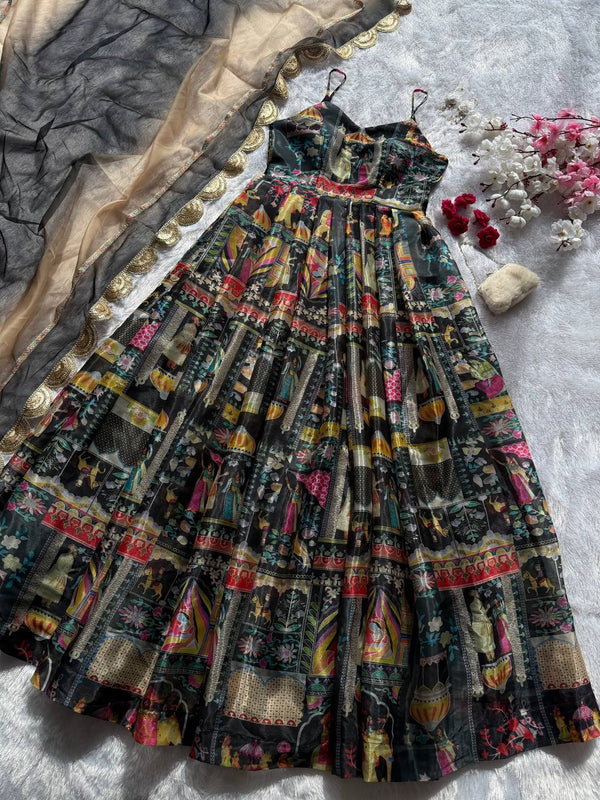 Black Elegant Jimmy Organza Silk Digital Printed Anarkali Gown with Designer Dupatta – 8 Meter Flair ClothsVilla