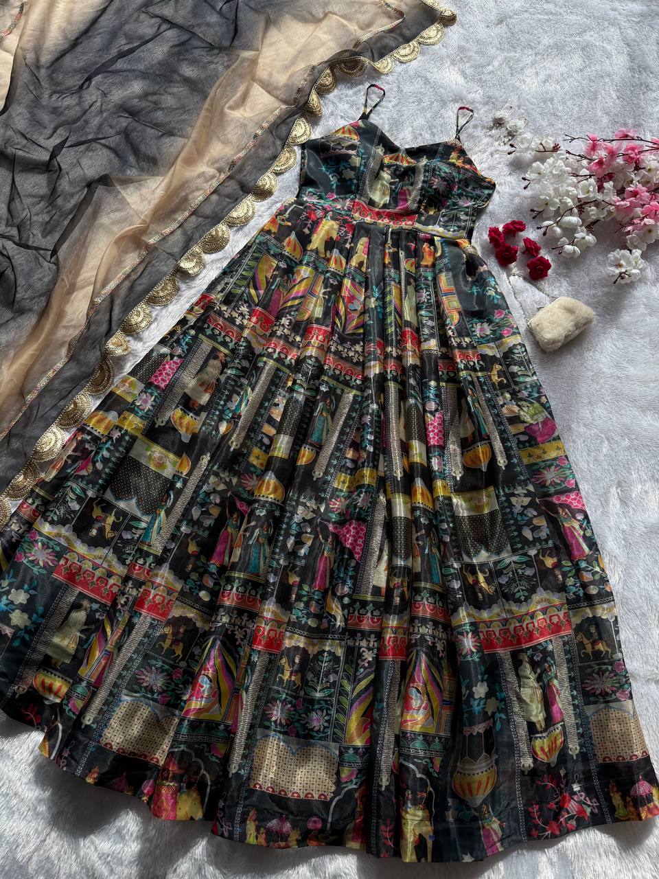 Black Elegant Jimmy Organza Silk Digital Printed Anarkali Gown with Designer Dupatta – 8 Meter Flair ClothsVilla