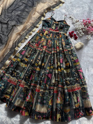 Black Elegant Jimmy Organza Silk Digital Printed Anarkali Gown with Designer Dupatta – 8 Meter Flair ClothsVilla