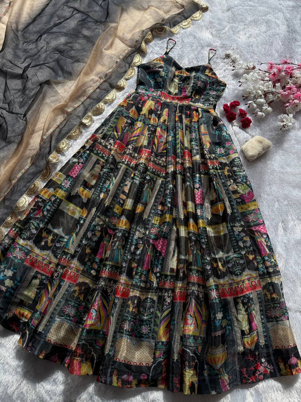Black Elegant Jimmy Organza Silk Digital Printed Anarkali Gown with Designer Dupatta – 8 Meter Flair ClothsVilla