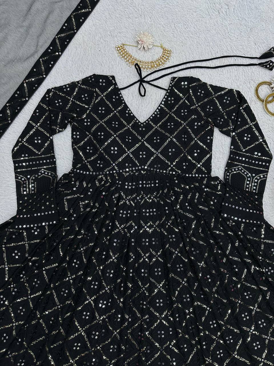 Black Elegant Lakhnavi Embroidered Georgette Suit – With Designer Dupatta ClothsVilla