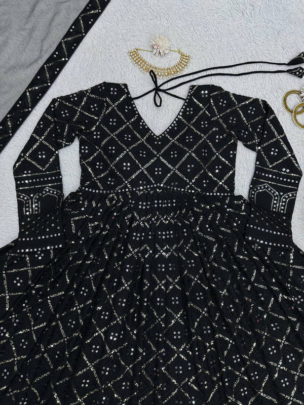 Black Elegant Lakhnavi Embroidered Georgette Suit – With Designer Dupatta ClothsVilla