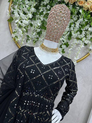 Black Elegant Lakhnavi Embroidered Georgette Suit – With Designer Dupatta ClothsVilla