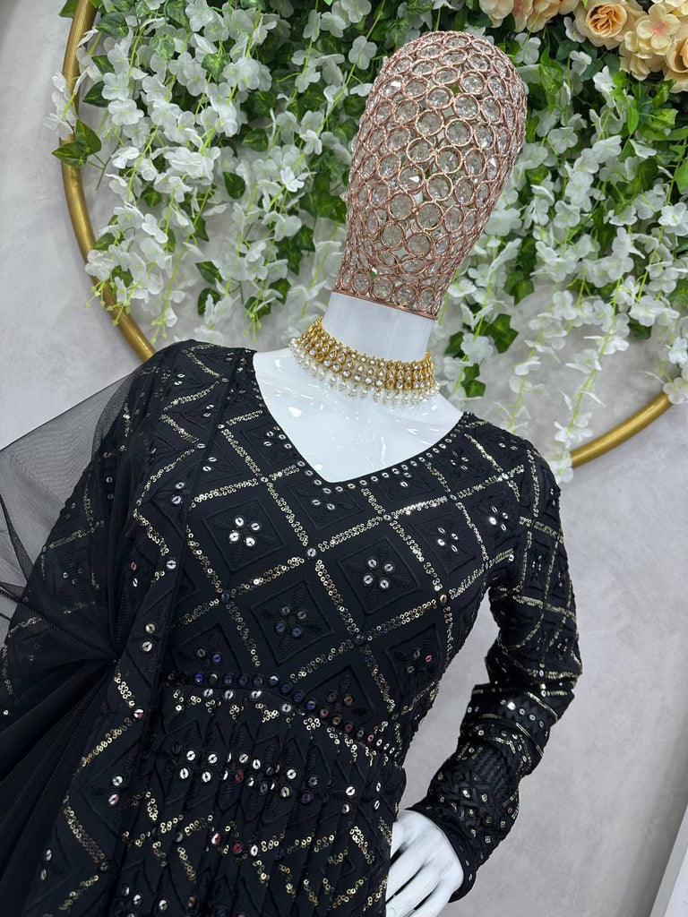 Black Elegant Lakhnavi Embroidered Georgette Suit – With Designer Dupatta ClothsVilla