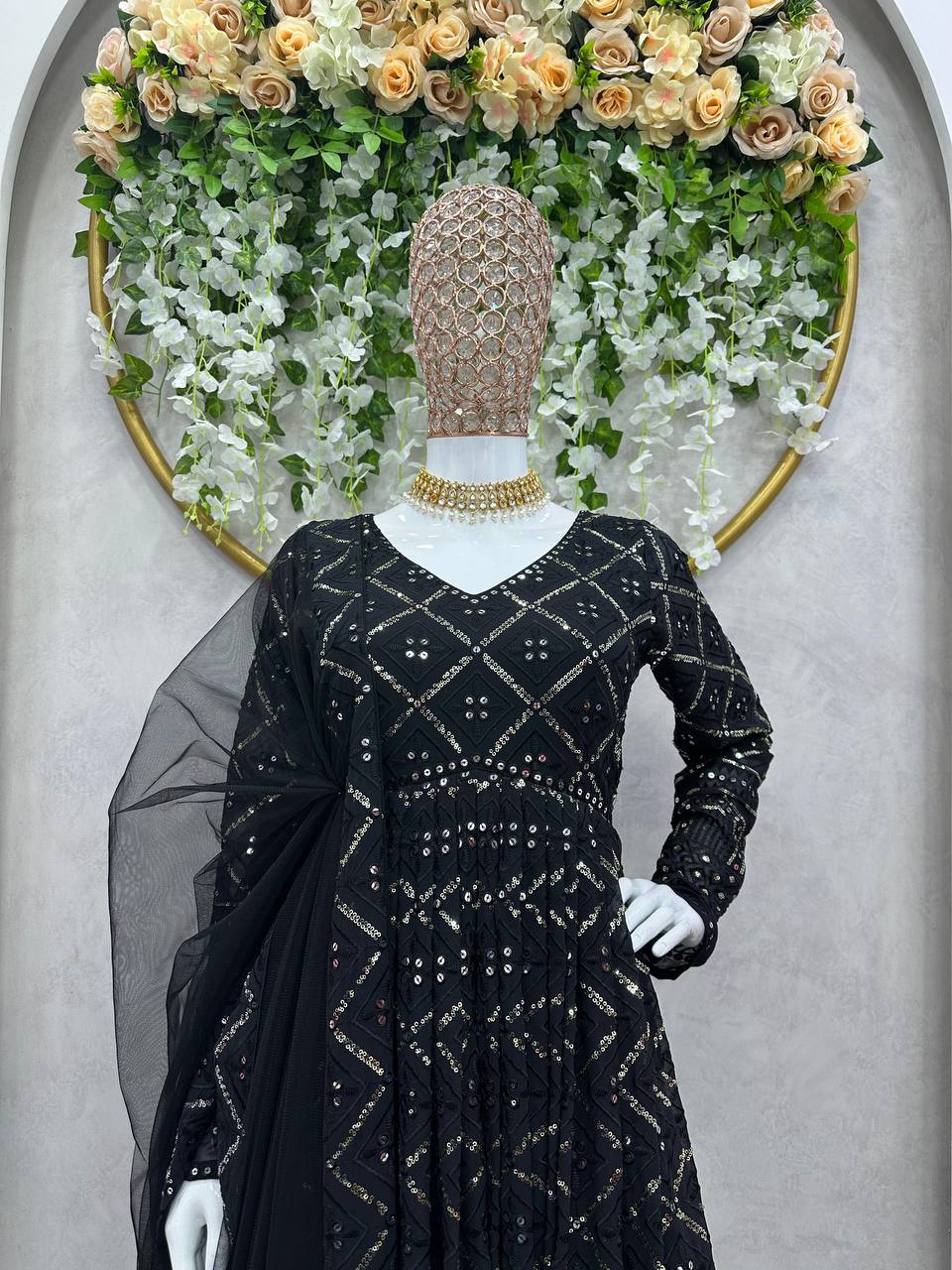 Black Elegant Lakhnavi Embroidered Georgette Suit – With Designer Dupatta ClothsVilla