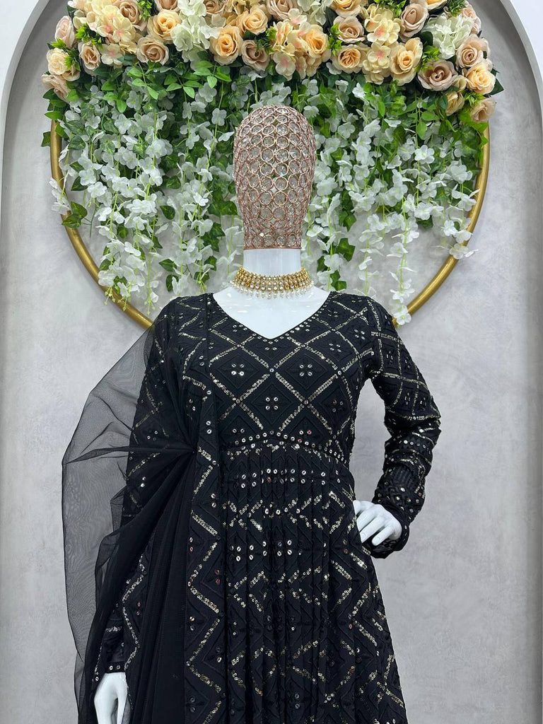 Black Elegant Lakhnavi Embroidered Georgette Suit – With Designer Dupatta ClothsVilla