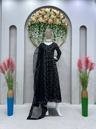 Black Elegant Lakhnavi Embroidered Georgette Suit – With Designer Dupatta ClothsVilla