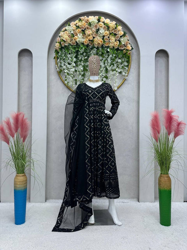 Black Elegant Lakhnavi Embroidered Georgette Suit – With Designer Dupatta ClothsVilla