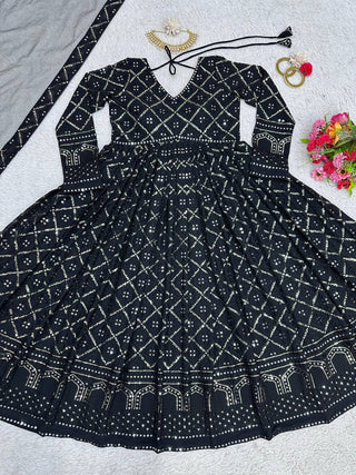 Black Elegant Lakhnavi Embroidered Georgette Suit – With Designer Dupatta ClothsVilla