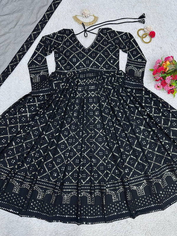 Black Elegant Lakhnavi Embroidered Georgette Suit – With Designer Dupatta ClothsVilla