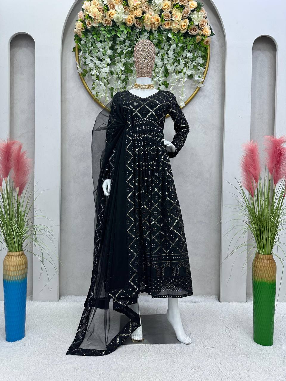 Black Elegant Lakhnavi Embroidered Georgette Suit – With Designer Dupatta ClothsVilla Main image