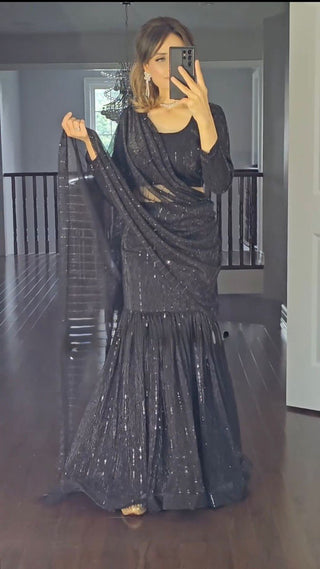 Black Elegant Lycra Lehenga Saree with Fancy Choli – Ready to Wear ClothsVilla