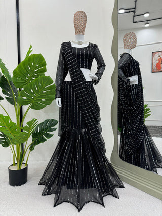 Black Elegant Lycra Lehenga Saree with Fancy Choli – Ready to Wear ClothsVilla