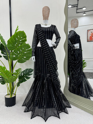 Black Elegant Lycra Lehenga Saree with Fancy Choli – Ready to Wear ClothsVilla