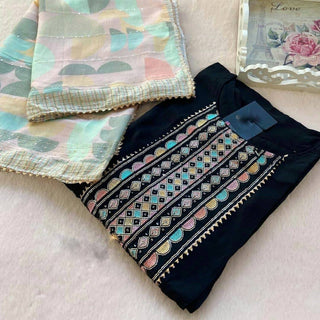 Black Elegant Maska Cotton Silk Straight Suit Set with Maslin Cotton Printed Dupatta