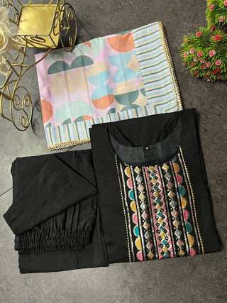 Black Elegant Maska Cotton Silk Straight Suit Set with Maslin Cotton Printed Dupatta